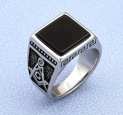 316L EDELSTAHL *** Freimaurer Masonic Onyx Ring Siegelring Größenauswahl - Bild 1 von 4