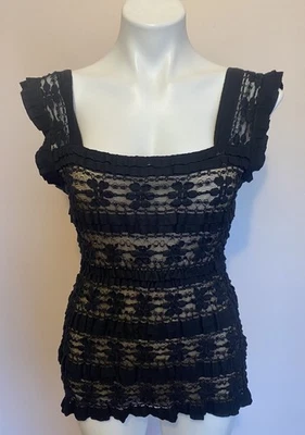 Y2K VTG Babydoll Top Mesh Lace Square Neck Sleeveless Black Fairy Milkmaid M - Image 1 of 4