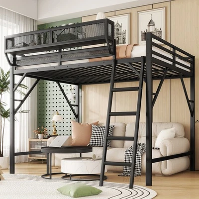 Full Size Metal Loft Bed w/Ladder & Storage Shelves - High Loft for Kids/Teens - Image 1 of 4