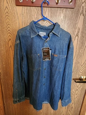 Vintage Carhartt Denim Blue Jean Work Shirt Vtg XL Metal Button Leather Logo NWT - Image 1 of 4