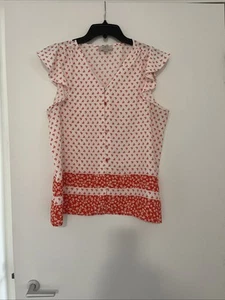 LOFT Orange & White Floral Flutter Sleeve Blouse Sz Large Petite Lightweight - Picture 1 of 9
