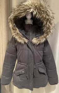 Hollister Women’s Puffer Parka Jacket M Gray Faux Fur Hood - Picture 1 of 10
