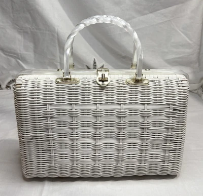 复古 Adoria 白色柳条手提包钱包 Lucite 手柄英国香港制造 — 第 1/4 张图片