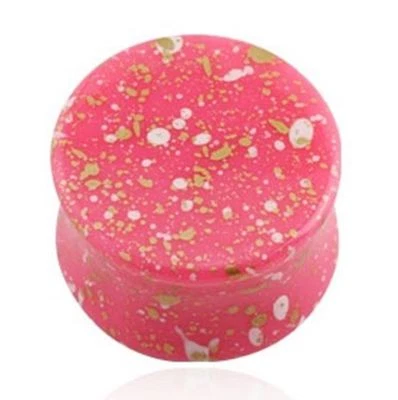 PAIR-Splatter Pink Acrylic Double Flare Ear Plugs 03mm/8 Gauge  - Image 1 of 4