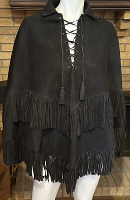 Talitha Black Suede Fringed Poncho NWT $1973 One Size - Image 1 of 4