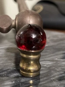 Vintage Brass Tone  3/4” Inch RED RUBY Glass Marble Ball Lamp Finial Top NOS