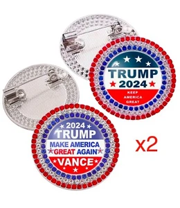 Lot x2 TRUMP VANCE USA MAGA GOP REPUBLICAN Brooch Pin Rhinestone Bling - Picture 1 of 8