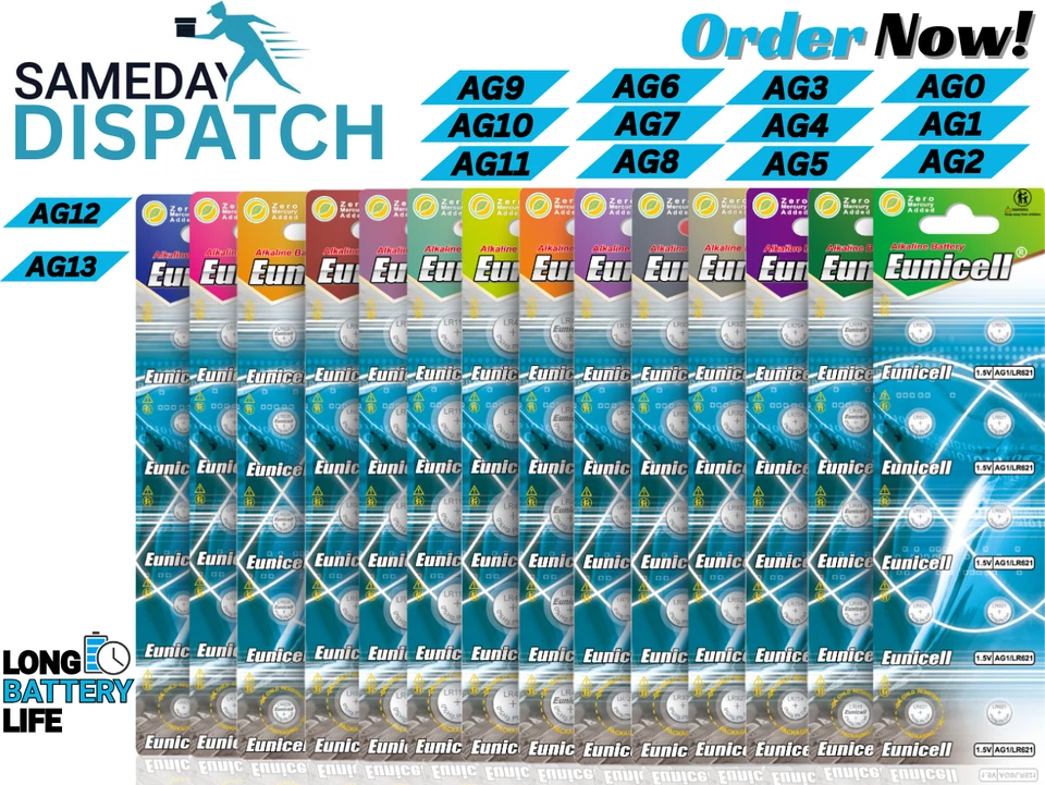 Batteries AG13 AG12 AG10 AG4 AG3 AG1 AG0  Eunicell LR44 LR43 LR41 Alkaline 1.5v - Image 1 of 1