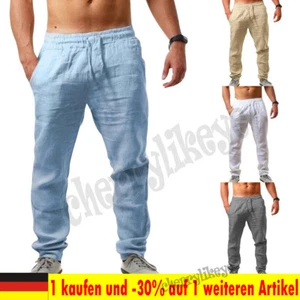 Herren Leinenhose Freizeit Stoffhose Sommer Kordelzug Lose Jogginghosen Fitness - Bild 1 von 20