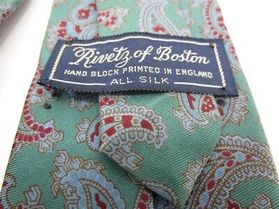 Corbata para hombre Rivetz of Boston verde azul cachemira 57" largo 3,25" ancho pieles de seda Foto 1 de 4