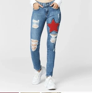 4th July Jeans Pants With Red Star Patch distress Jeans by Kaveri Ryan Size 26 - Picture 1 of 8