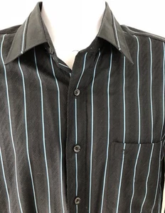 Manhattan New York Men's Dress Shirt Long Sleeve Button Black Blue Stripes 15.5" - Picture 1 of 7