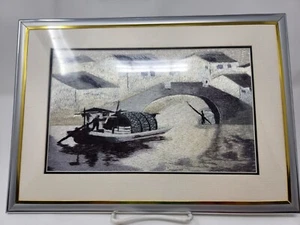 Barco de arte mate enmarcado bordado de seda chino en río hecho a mano 12"x9-3/8" - Imagen 1 de 6