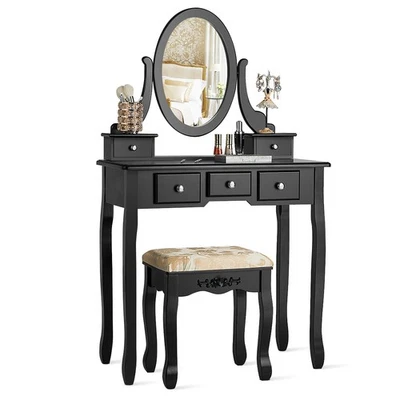 Vanity Table Set Dressing Makeup Table Stool Set w/5 Drawers Bedroom Home Black - Image 1 of 4