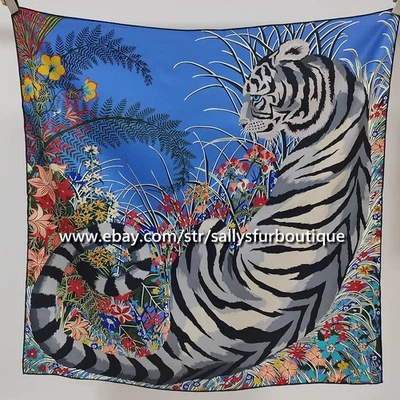 Sallys Heavy 18 Momme Twill Silk Wrap Scarf Tiger Print Double Face Shawl 35" - Image 1 of 4