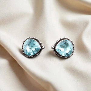 Sky Blue Topaz Gemstone 925 Sterling Silver Jewelry Men's Suit Cufflinks 0.62" - Picture 1 of 6