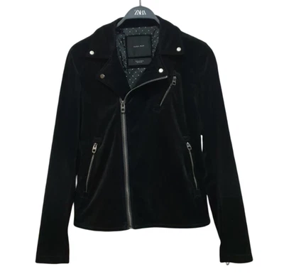 BNWT Zara Man Black Velvet Full-Zip Moto Biker Jacket, Size M - Image 1 of 4