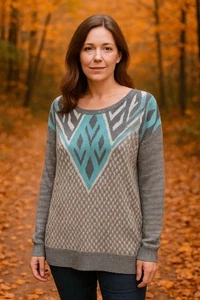 Maglione donna Ecote grigio motivo geometrico tribale manica lunga taglia XS - Foto 1 di 10