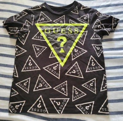 Guess Youth Boys Black/White/Lime Green Question Triangle Graphic Logo T-Shirt S - Image 1 of 3
