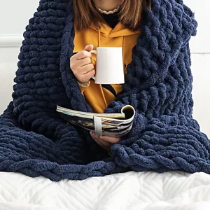 Chunky Knit Blanket Throw - 50"x60" 3.7 lbs. - Soft Chenille Yarn Knitted - Picture 1 of 4
