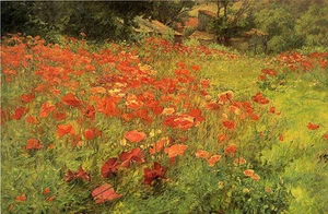 Ölgemälde John Ottis Adams - Mohnland schöne rote Blumen in Frühlingslandschaft - Bild 1 von 1