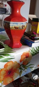 VINTAGE VASE ORANGE PORCELAIN POTTERY OLD ENGLISH TUDOR SCENIC HORSE CARRIAGE - Picture 1 of 1