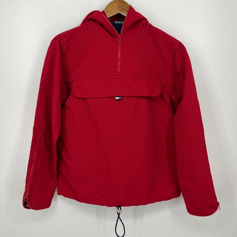 Tommy Jeans Windbreaker Jacket Girls Size S Red Pullover 1/4 Zip Hooded Vtg Y2K - Image 1 of 4