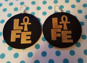 Wood earrings Black hoops Life Ankh Ethnic Afrocentric urban jewerly womens - Picture 1 of 3