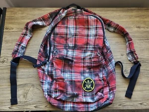 VOLCOM Red/Black Plaid Backpack Bag Soft Cotton Blend Fabric Zip Closures - NWOT - Picture 1 of 5
