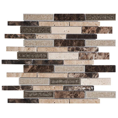 Salpicadero de cocina beige marrón piedra natural vidrio craquelado mezclado mosaico azulejo Foto 1 de 4