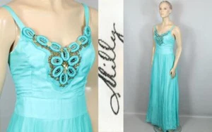 MILLY of NY Aqua Silk Chiffon Embellished Long Fit Flare Evening Dress Gown 8 - Picture 1 of 12