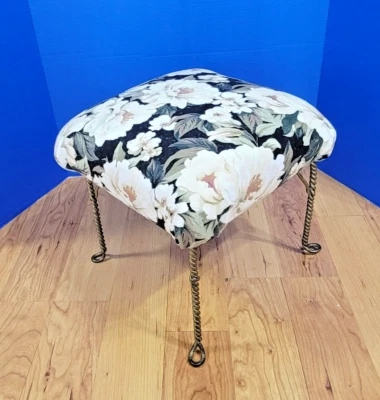 Vintage Large White and Black Floral Footstool with Twisted Gold Cast Iron Feet - Image 1 of 4