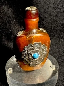 Antique Chinese Amber Resin Sterling Silver Flower Motif Snuff Bottle - Picture 1 of 8
