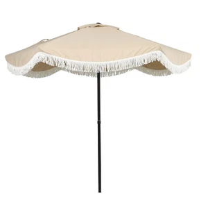 7.5' Beige Scallop with Cream Fringe Patio Umbrella - Picture 1 of 6