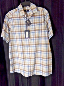 HART SCHAFFNER MARX Shirt size Medium blue white brown plaid Button up NWT - Picture 1 of 3