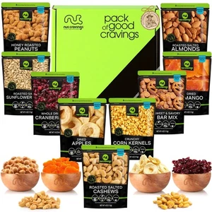 Nut Cravings Dried Fruit & Nut Gift Basket 9 Snacks in Green Box All Natural Mix - Picture 1 of 7