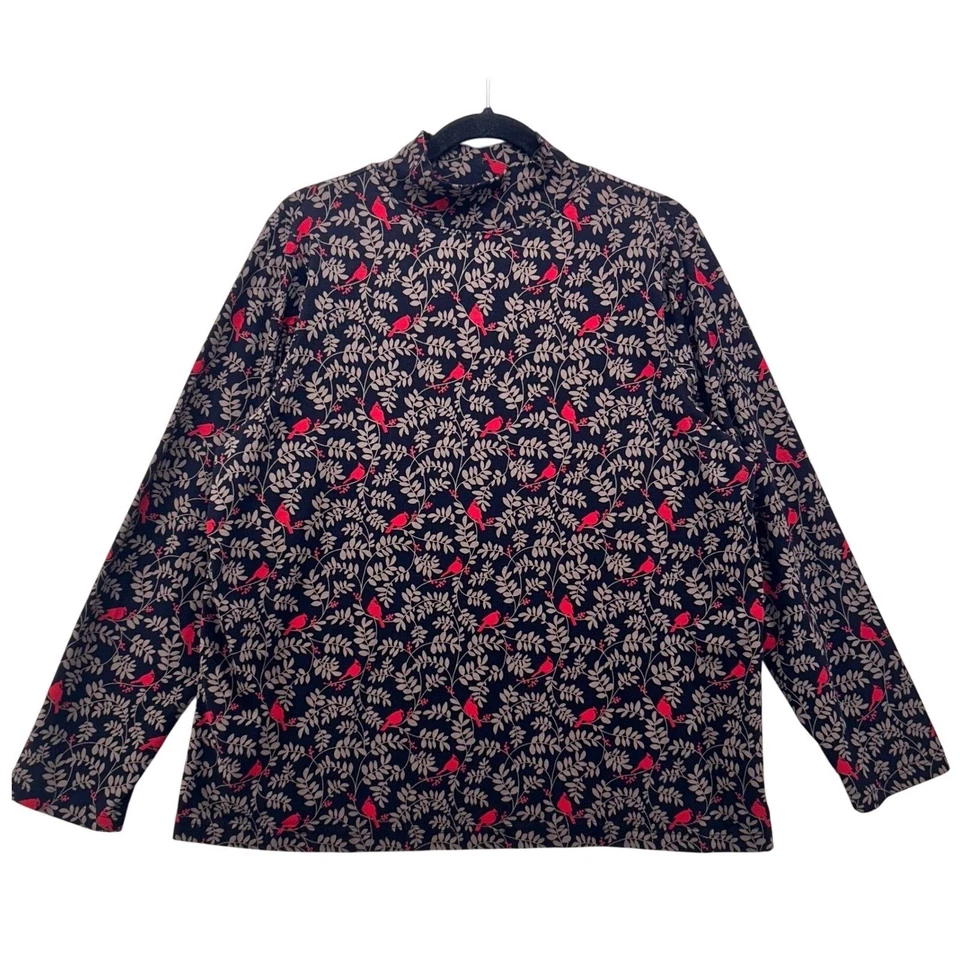 Christmas Turtleneck Top 1X Modern Cardinal Bird Leaf Print Winter Holiday Soft - Image 1 of 4