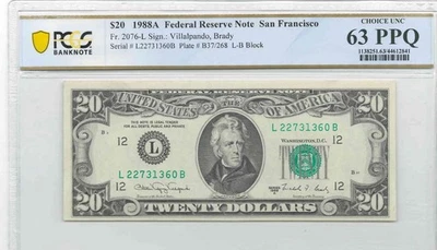 1988 A $20 Federal Reserve Note San Francisco PCGS Choice Unc 63 PPQ - Image 1 of 2