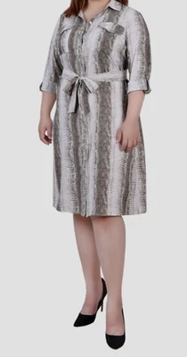 NY Collection Women's Beige Printed Printed Belted Shirt Dress Plus Size 1X - Image 1 of 3