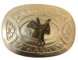 Vintage Chambers Belt Co Western Saddle Nickel Silver Belt Buckle Oval USA Made - Picture 1 of 3