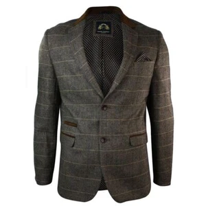 Mens Check Vintage Herringbone Tweed Tan Brown Blazer Jacket Fitted - Picture 1 of 11
