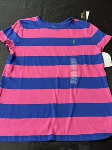 Ralph Lauren Girls Logo Tshirt Striped Top Size Pink Blue Brand New Age 12-14 - Picture 1 of 4