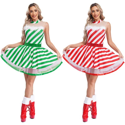 Mujeres Navidad Navidad Bastón de Caramelo Disfraz Rayas Ballet Danza Leotardo Tutú Vestido Foto 1 de 3
