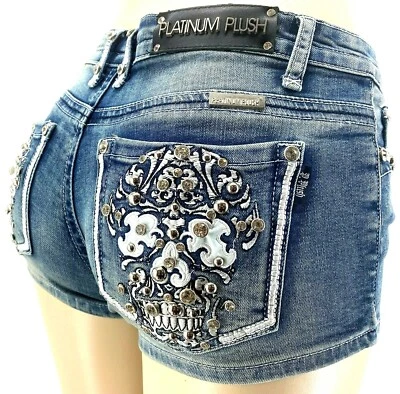 PLATINUM PLUSH LADIES SUGAR SKULL RHINESTONE DENIM 5 POCKET SHORTS STYLE #4542  - Image 1 of 4