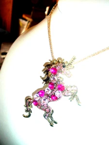 Betsey Johnson PINK FUSHIA CRYSTALS GOLD UNICORN HORSE Pendant NECKLACE+BROOCH - Picture 1 of 11