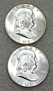 1957 & 1958 Franklin Half Dollar Beautiful BU Frosty White lot of 2 coins #E70 - Picture 1 of 6
