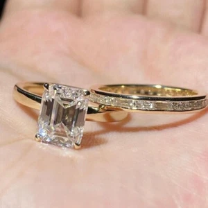 Emerald Cut VVS1 Moissanite Wedding Engagement Ring Sets 14K Yellow Gold Plated - Picture 1 of 8