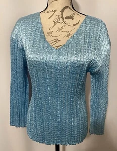 PRETTY ANGEL Baby Blue Crinkle Top SZ M Silk Blend Pullover Long Sleeve Stretchy - Picture 1 of 24