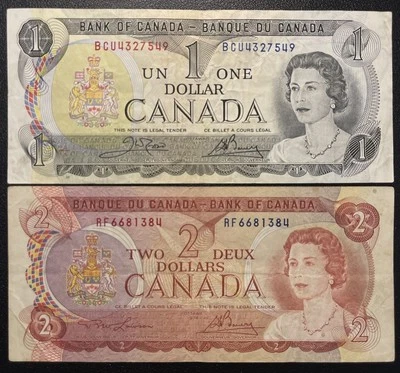 Canada 1973 & 1974 $1/$2 Bills Circulated Good Condition - Image 1 of 4