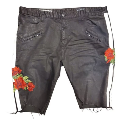 SMOKE RISE Shorts Mens 44 Black Striped Embroidered Roses Cut Off Frayed Denim - Image 1 of 4